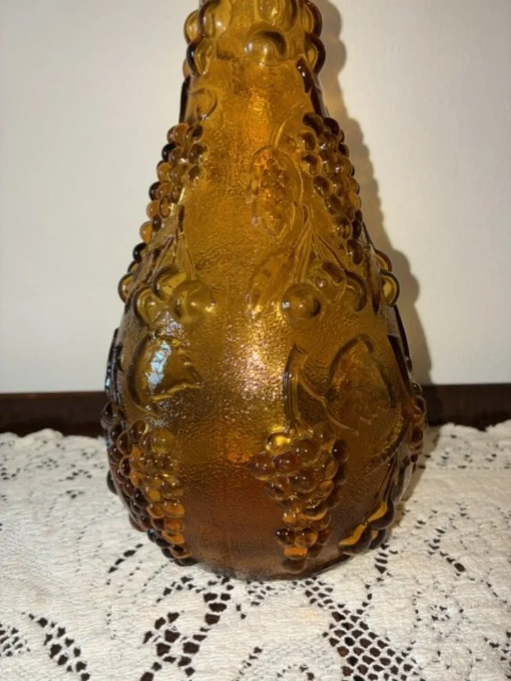 Vintage 1960's Italy Empoli Glass Amber Grapevine Genie Bottle - No Stopper